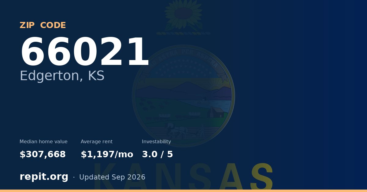 ZIP code 66021 (Edgerton, KS) — median home value $307,668, average rent $1,197/mo