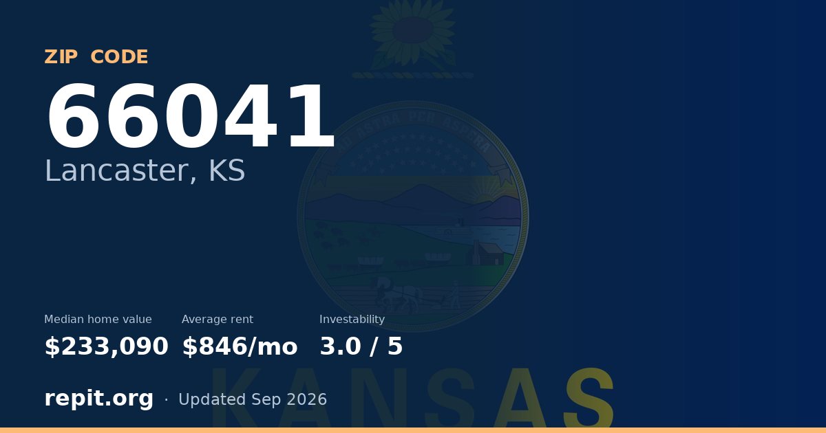 ZIP code 66041 (Lancaster, KS) — median home value $233,090, average rent $846/mo