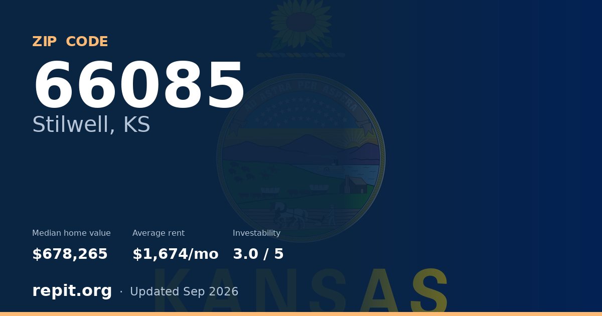 ZIP code 66085 (Stilwell, KS) — median home value $678,265, average rent $1,674/mo