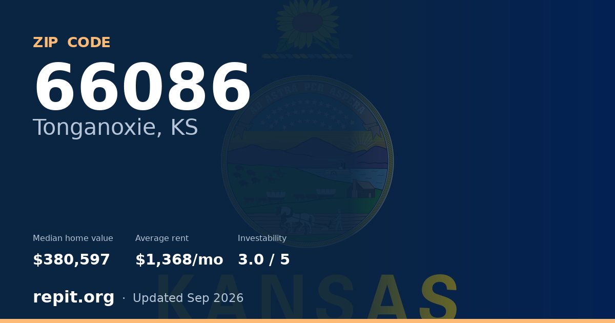 ZIP code 66086 (Tonganoxie, KS) — median home value $380,597, average rent $1,368/mo