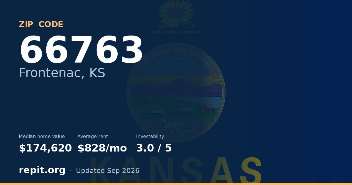 ZIP code 66763 (Frontenac, KS) — median home value $174,620, average rent $828/mo