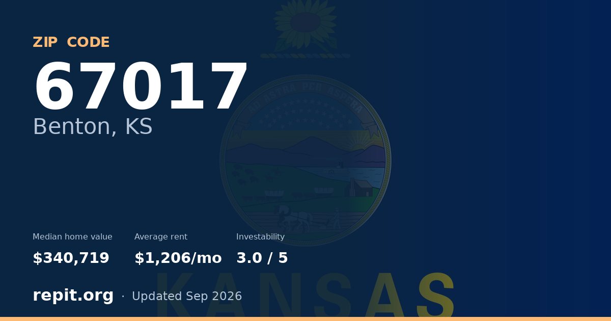 ZIP code 67017 (Benton, KS) — median home value $340,719, average rent $1,206/mo
