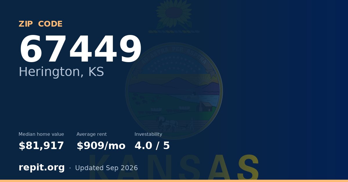 ZIP code 67449 (Herington, KS) — median home value $81,917, average rent $909/mo