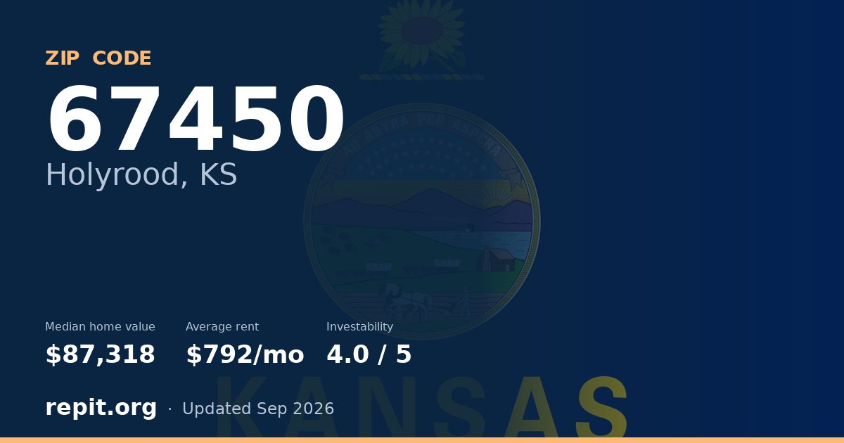 ZIP code 67450 (Holyrood, KS) — median home value $87,318, average rent $792/mo