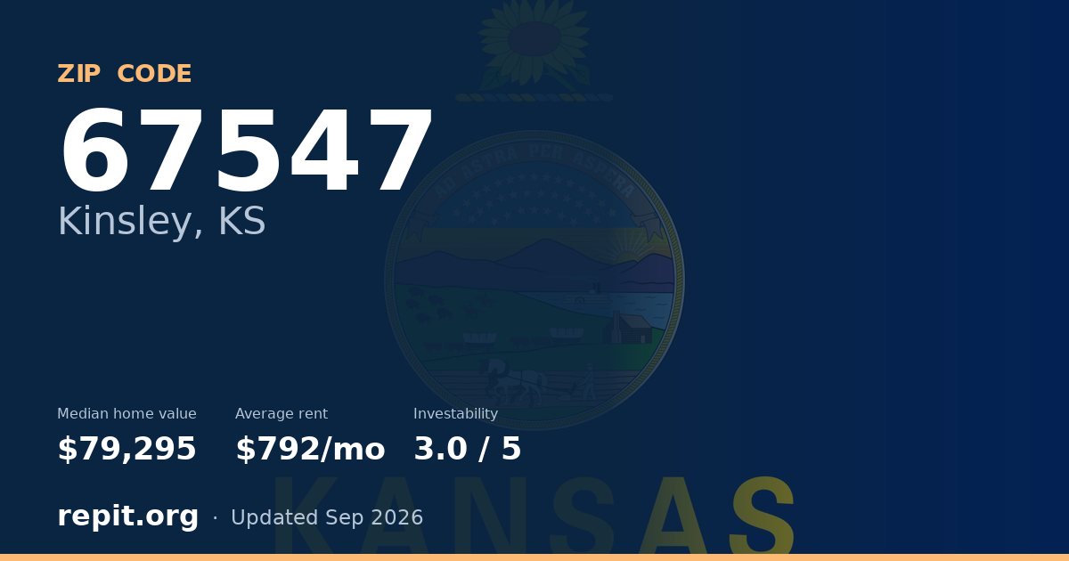 ZIP code 67547 (Kinsley, KS) — median home value $79,295, average rent $792/mo