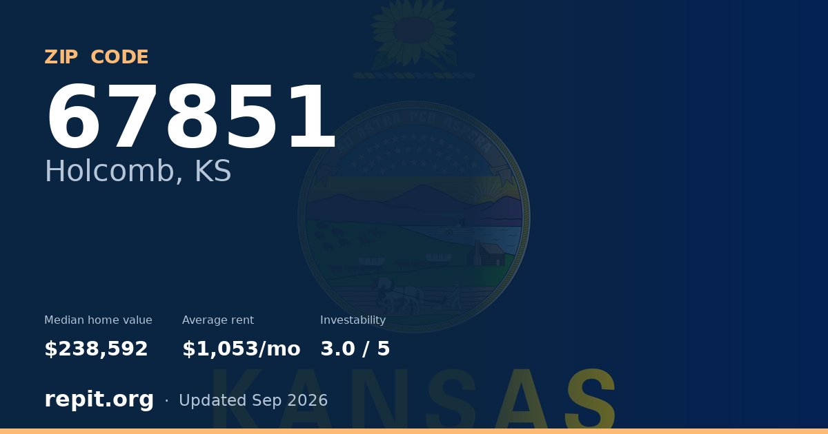 ZIP code 67851 (Holcomb, KS) — median home value $238,592, average rent $1,053/mo