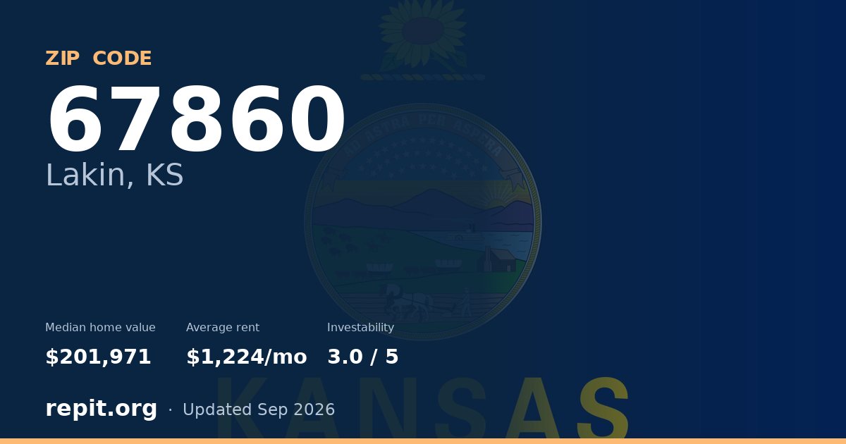 ZIP code 67860 (Lakin, KS) — median home value $201,971, average rent $1,224/mo