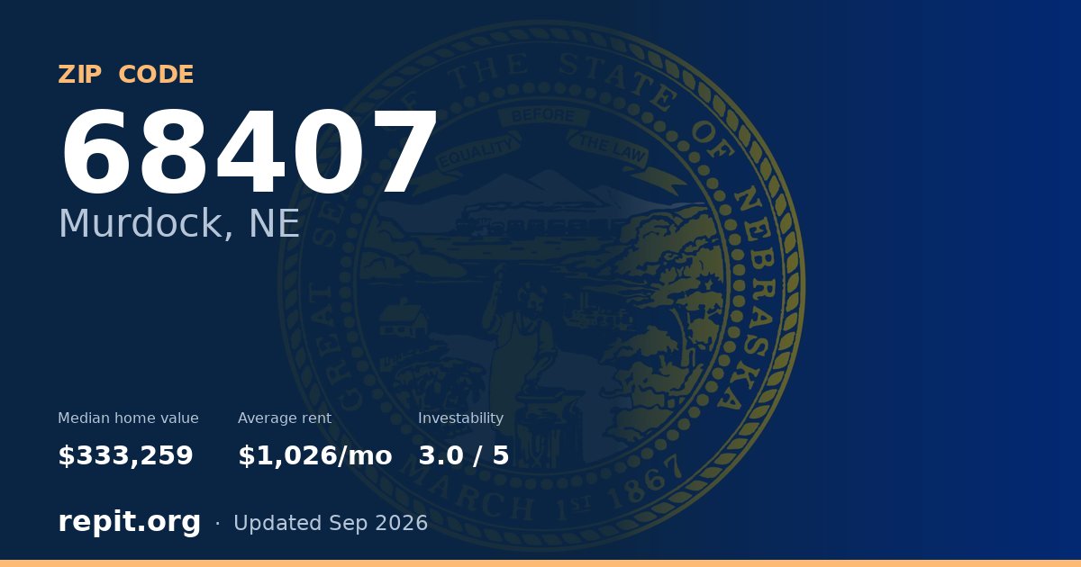 ZIP code 68407 (Murdock, NE) — median home value $333,259, average rent $1,026/mo