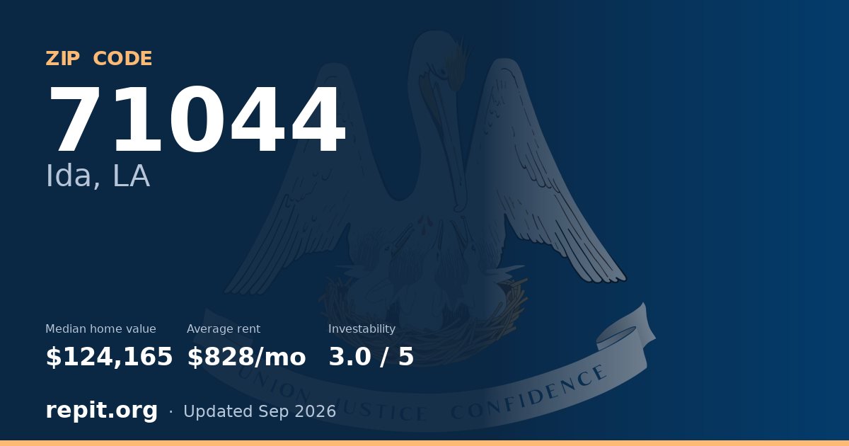 ZIP code 71044 (Ida, LA) — median home value $124,165, average rent $828/mo