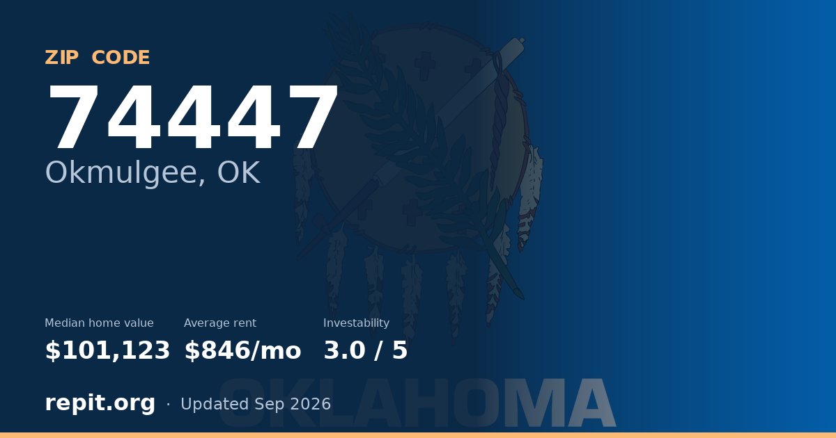 ZIP code 74447 (Okmulgee, OK) — median home value $101,123, average rent $846/mo