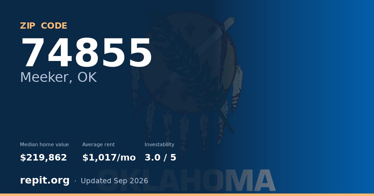 ZIP code 74855 (Meeker, OK) — median home value $219,862, average rent $1,017/mo