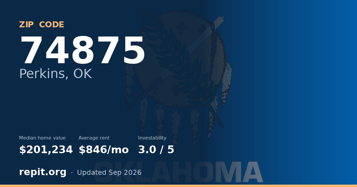 ZIP code 74875 (Perkins, OK) — median home value $201,234, average rent $846/mo