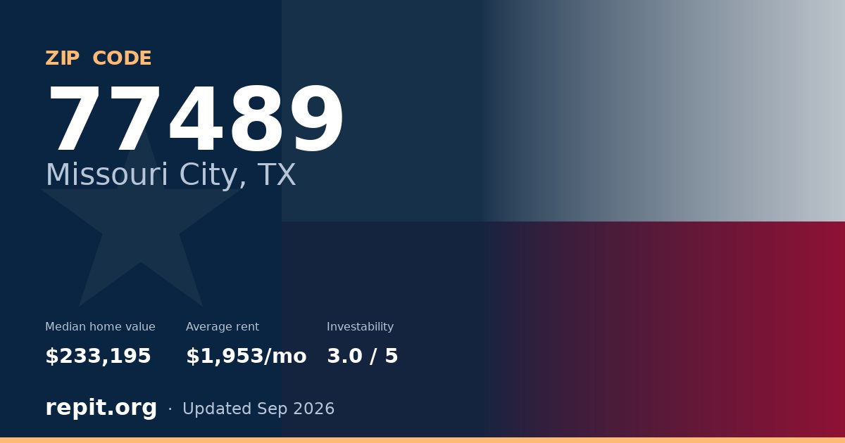 ZIP code 77489 (Missouri City, TX) — median home value $233,195, average rent $1,953/mo