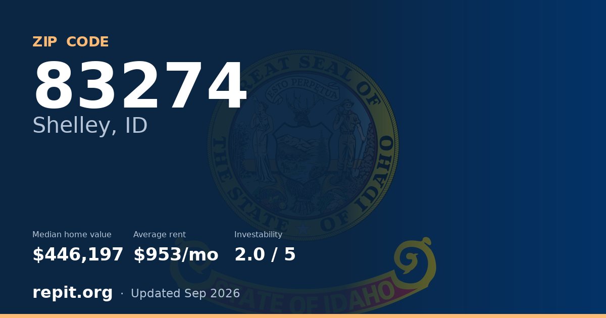 ZIP code 83274 (Shelley, ID) — median home value $446,197, average rent $953/mo