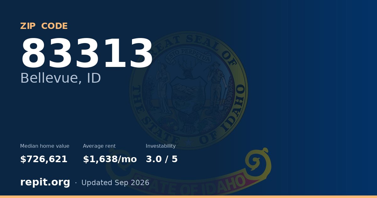 ZIP code 83313 (Bellevue, ID) — median home value $726,621, average rent $1,638/mo