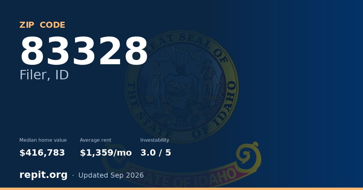ZIP code 83328 (Filer, ID) — median home value $416,783, average rent $1,359/mo