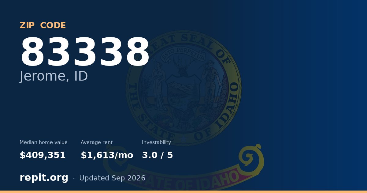 ZIP code 83338 (Jerome, ID) — median home value $409,351, average rent $1,613/mo