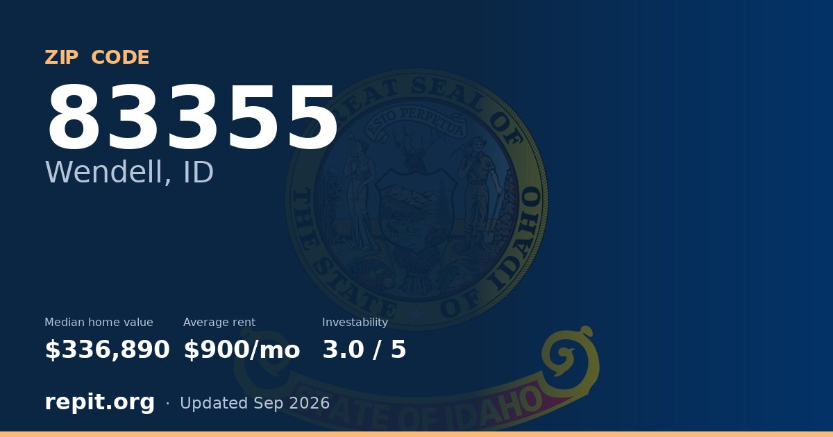 ZIP code 83355 (Wendell, ID) — median home value $336,890, average rent $900/mo
