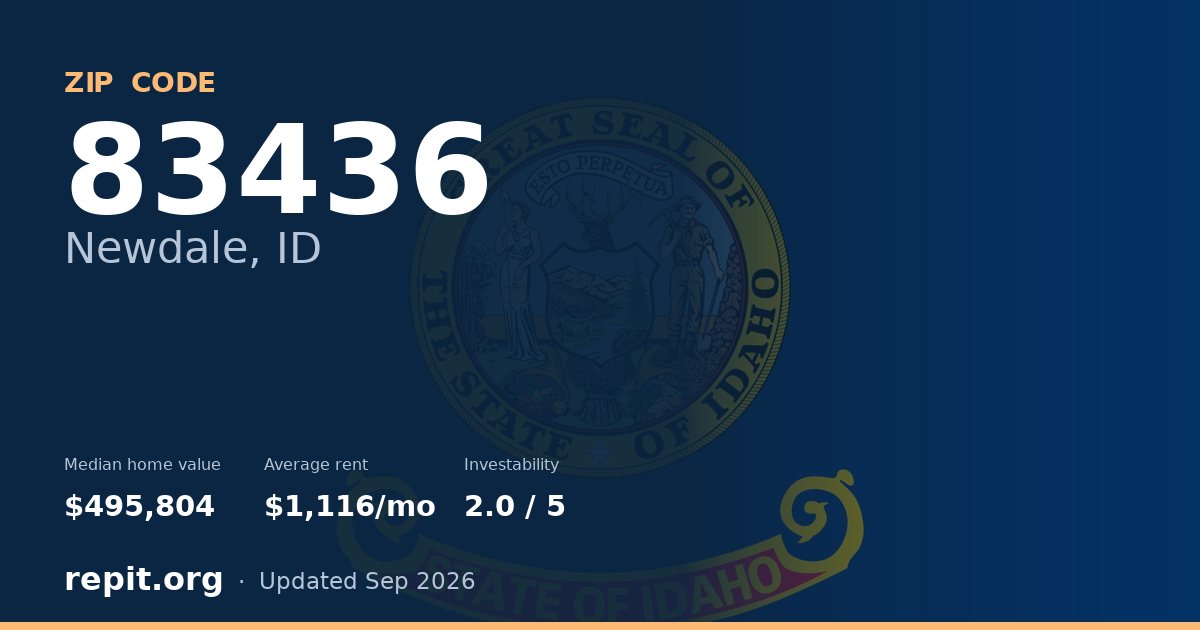 ZIP code 83436 (Newdale, ID) — median home value $495,804, average rent $1,116/mo