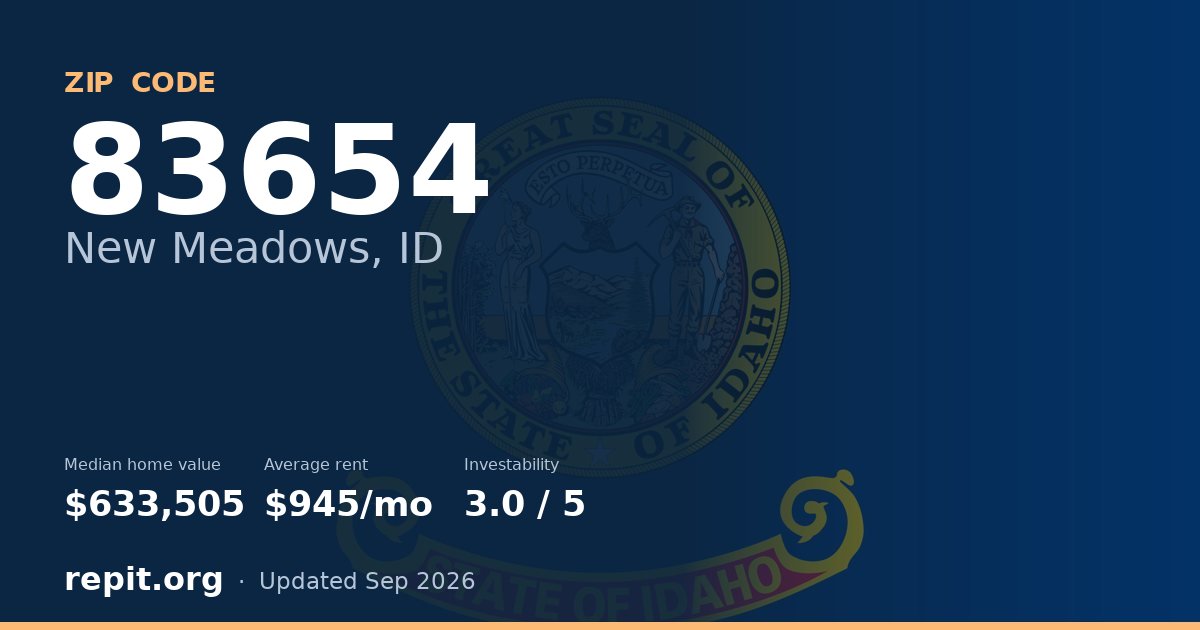 ZIP code 83654 (New Meadows, ID) — median home value $633,505, average rent $945/mo