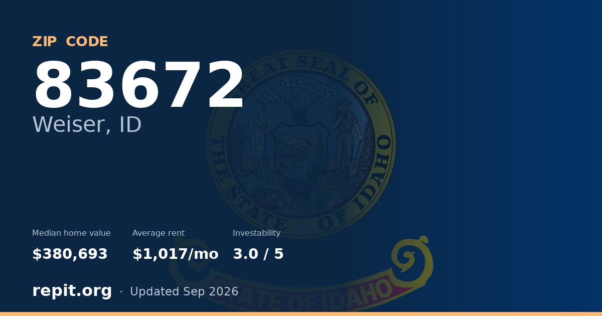 ZIP code 83672 (Weiser, ID) — median home value $380,693, average rent $1,017/mo