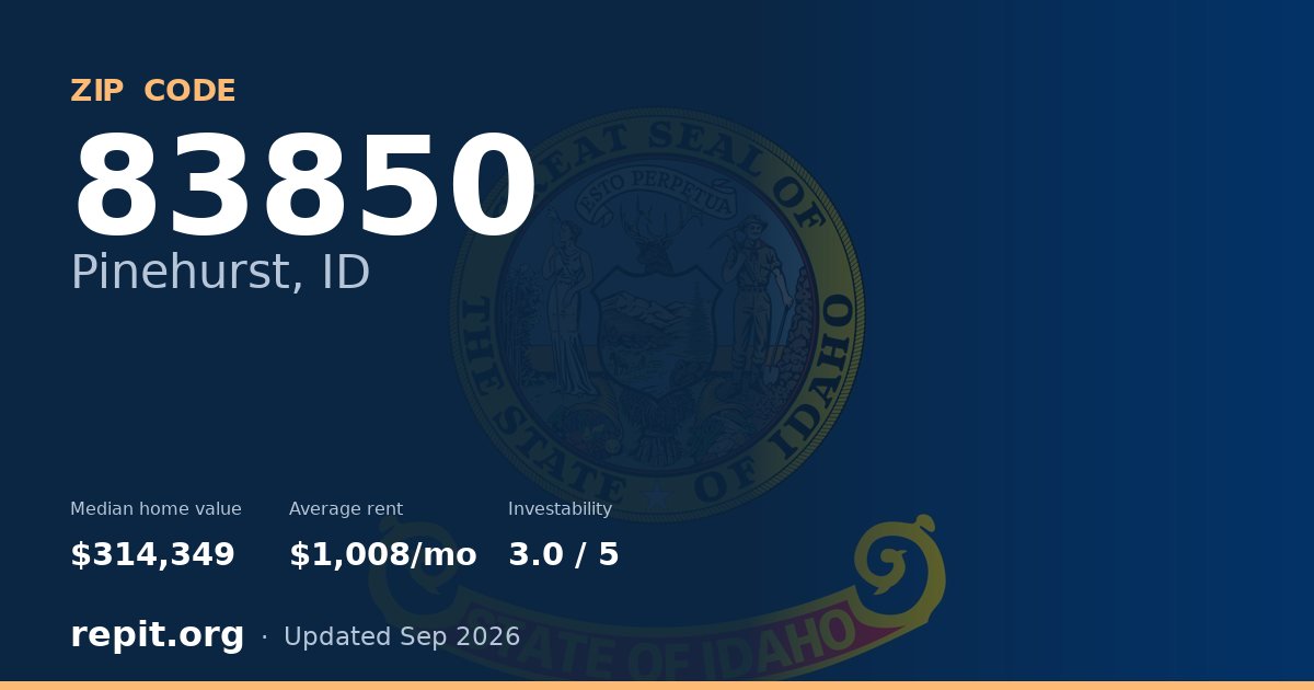 ZIP code 83850 (Pinehurst, ID) — median home value $314,349, average rent $1,008/mo