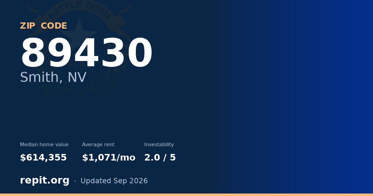 ZIP code 89430 (Smith, NV) — median home value $614,355, average rent $1,071/mo