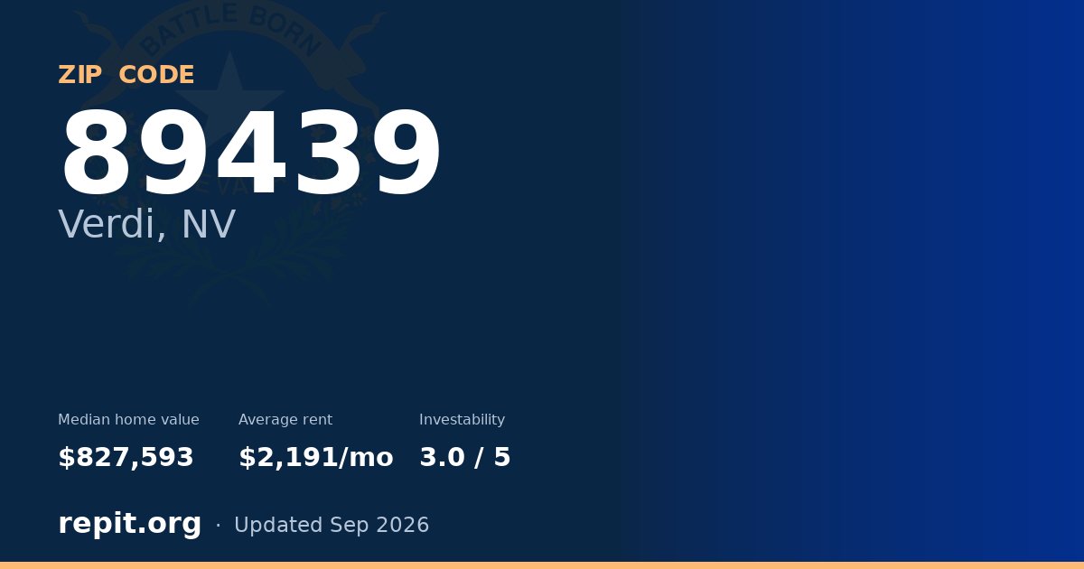 ZIP code 89439 (Verdi, NV) — median home value $827,593, average rent $2,191/mo