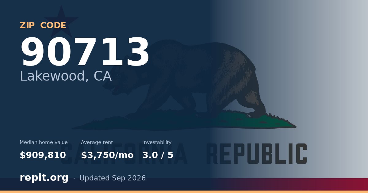 ZIP code 90713 (Lakewood, CA) — median home value $909,810, average rent $3,750/mo