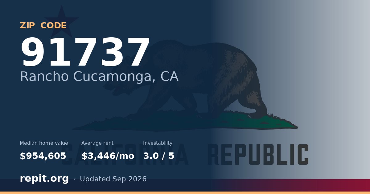 ZIP code 91737 (Rancho Cucamonga, CA) — median home value $954,605, average rent $3,446/mo