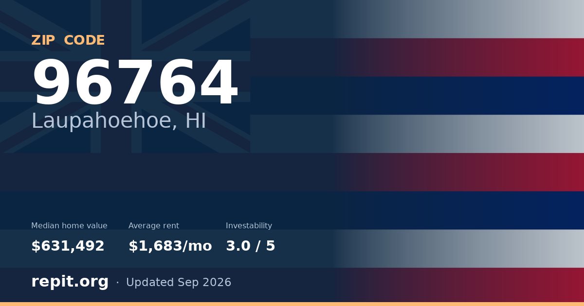 ZIP code 96764 (Laupahoehoe, HI) — median home value $631,492, average rent $1,683/mo