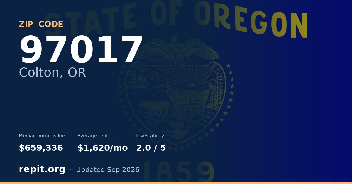 ZIP code 97017 (Colton, OR) — median home value $659,336, average rent $1,620/mo