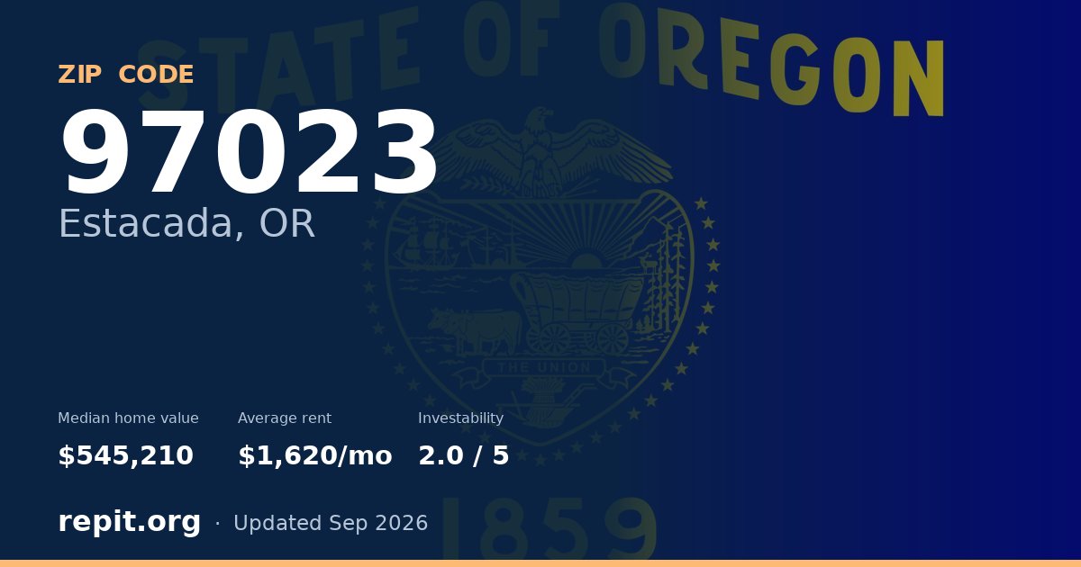 ZIP code 97023 (Estacada, OR) — median home value $545,210, average rent $1,620/mo