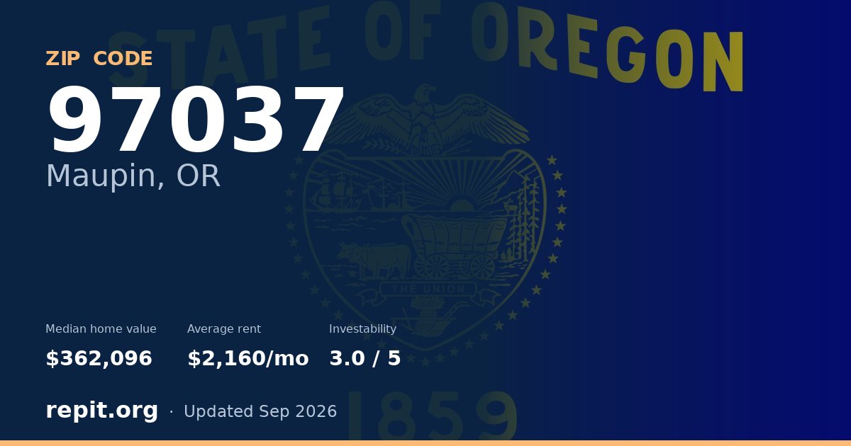 ZIP code 97037 (Maupin, OR) — median home value $362,096, average rent $2,160/mo