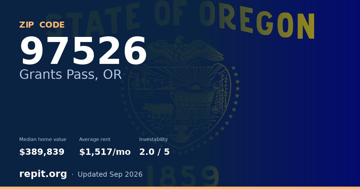 ZIP code 97526 (Grants Pass, OR) — median home value $389,839, average rent $1,517/mo
