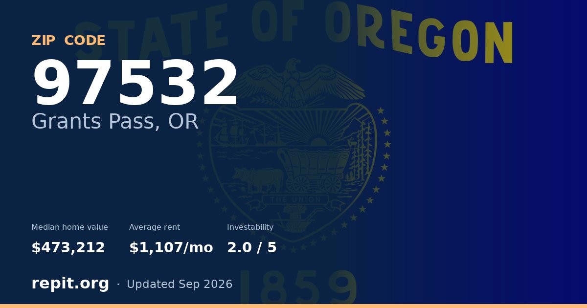 ZIP code 97532 (Grants Pass, OR) — median home value $473,212, average rent $1,107/mo