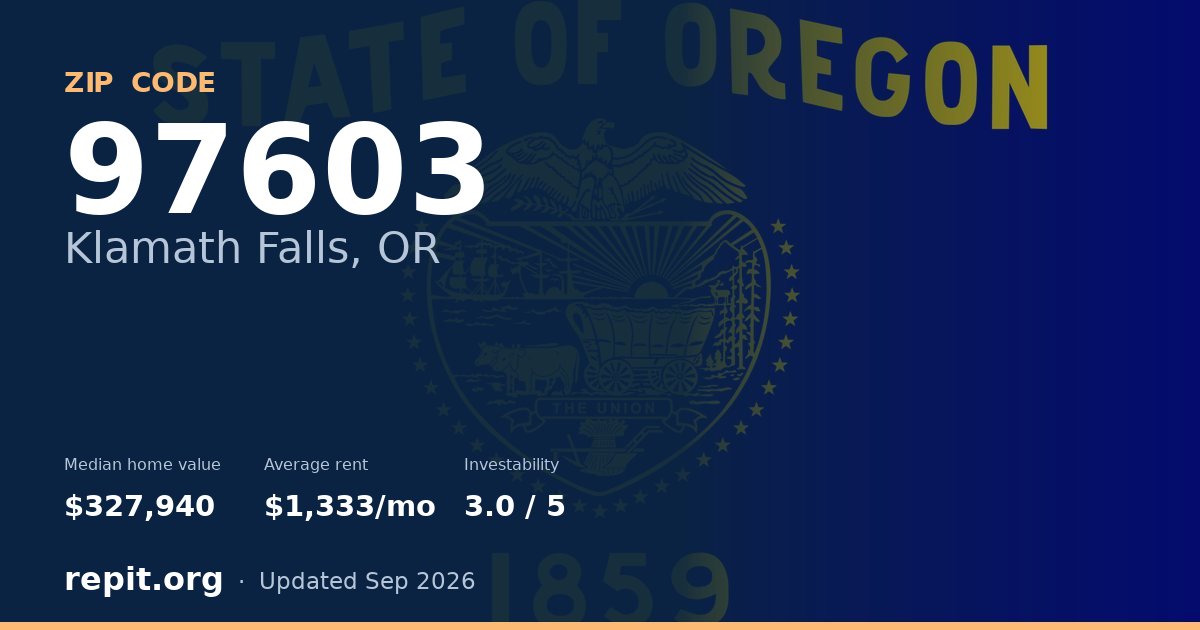 ZIP code 97603 (Klamath Falls, OR) — median home value $327,940, average rent $1,333/mo