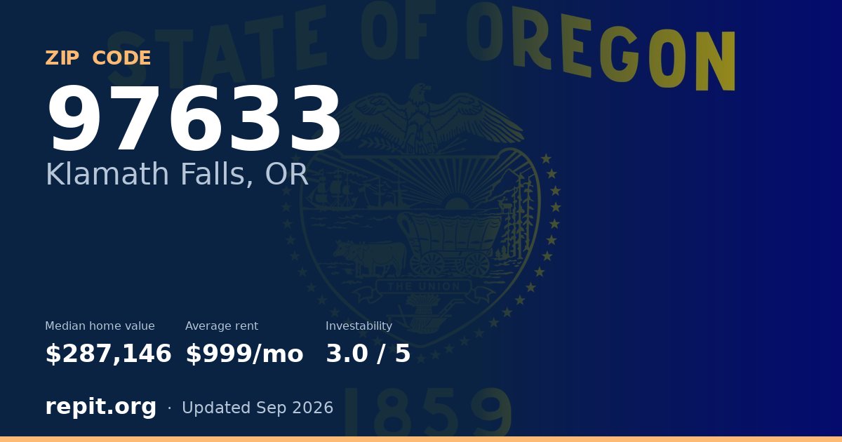 ZIP code 97633 (Klamath Falls, OR) — median home value $287,146, average rent $999/mo