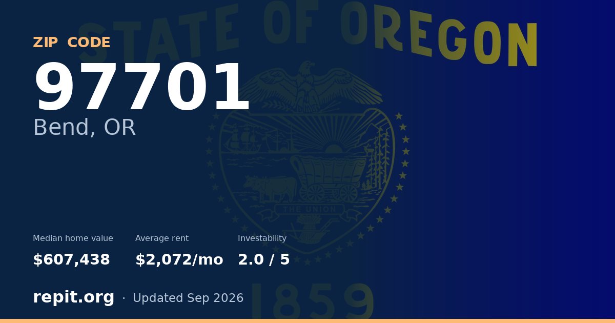 ZIP code 97701 (Bend, OR) — median home value $607,438, average rent $2,072/mo