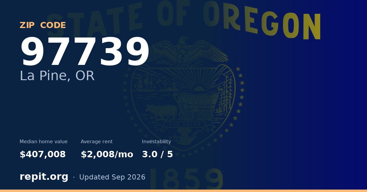 ZIP code 97739 (La Pine, OR) — median home value $407,008, average rent $2,008/mo
