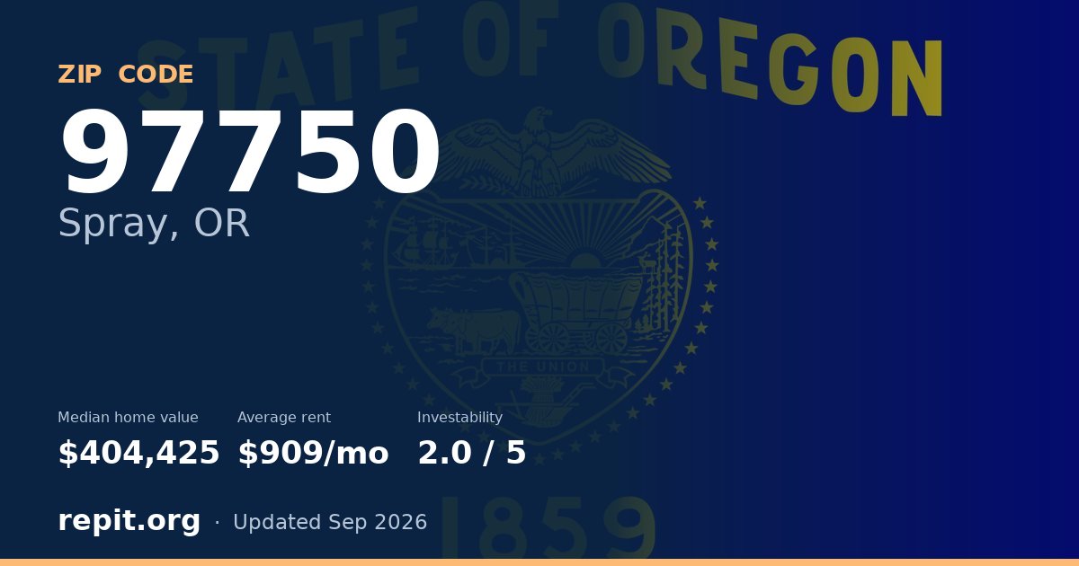 ZIP code 97750 (Spray, OR) — median home value $404,425, average rent $909/mo