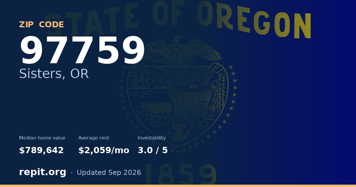 ZIP code 97759 (Sisters, OR) — median home value $789,642, average rent $2,059/mo