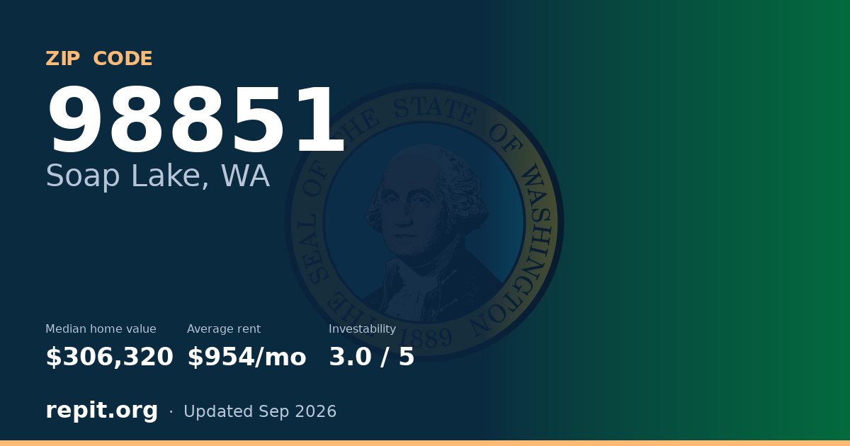 ZIP code 98851 (Soap Lake, WA) — median home value $306,320, average rent $954/mo