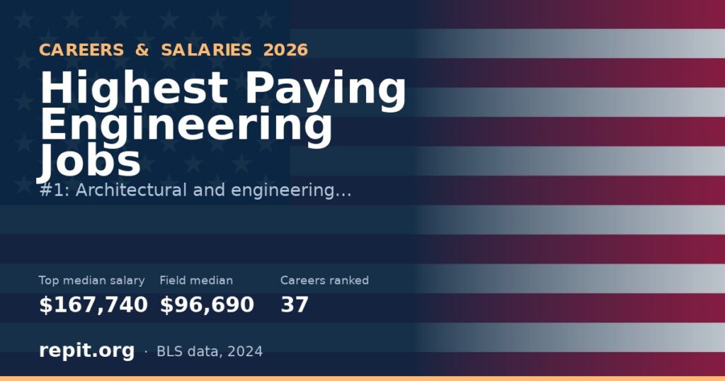 Featured graphic headlined Highest Paying Engineering Jobs showing architectural and engineering managers at a $167,740 median salary compared with the $96,690 median for the engineering field.