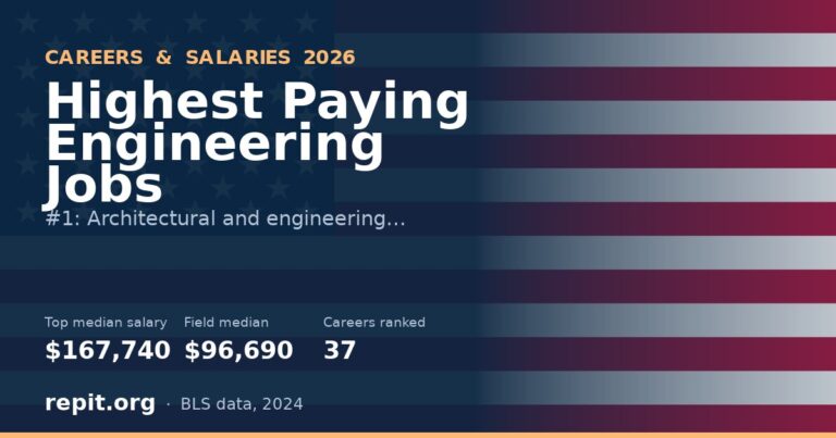 Featured graphic headlined Highest Paying Engineering Jobs showing architectural and engineering managers at a $167,740 median salary compared with the $96,690 median for the engineering field.